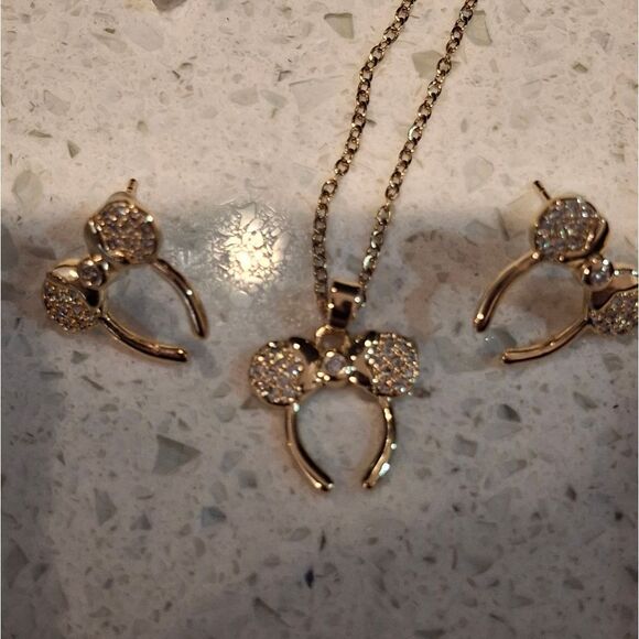 18k Gold Plated Diamond Mickey Necklace & Earring Set - Picture 2 of 7